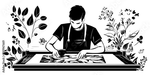 Artist transferring ink through a stencil onto fabric using a screen printing frame, Digital Art