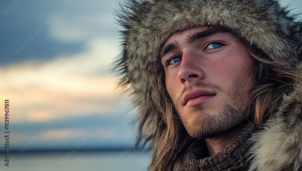 A handsome young man with long hair and wearing an Indian fur hat stands on the shore of Lake Baikal against the backdrop of a winter dawn A handsome young man with long hair and wearing an Indian fur hat stands on the shore of Lake Baikal against the backdrop of a winter dawn