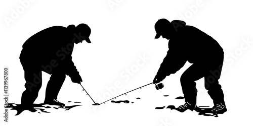 Fishers lowering baited lines into deep, cold waters through ice holes, Digital Art