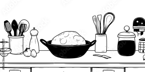 Dough rising in a banneton on a countertop beside other baking tools, Digital Art