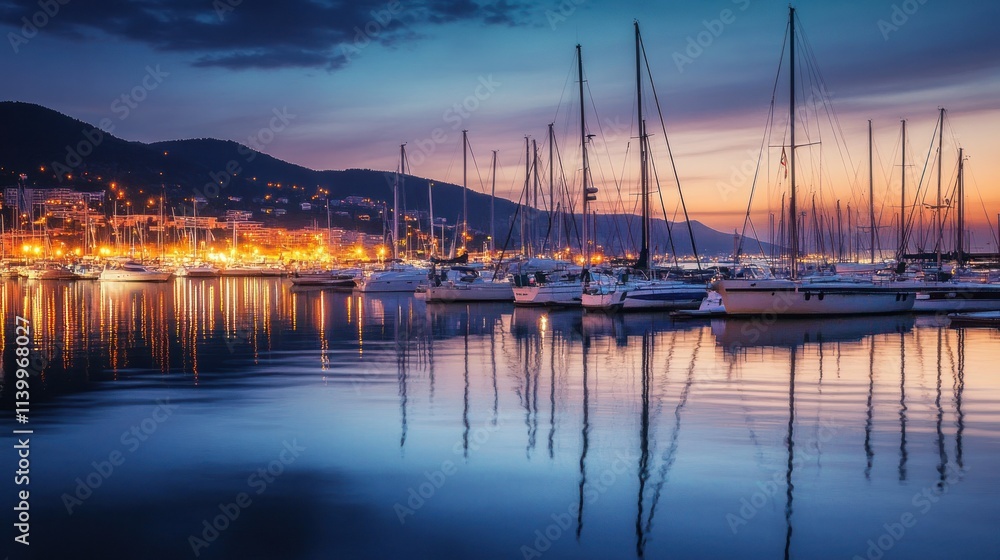 Obraz premium Serene Sunset at the Marina: A Symphony of Lights and Sails