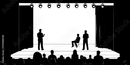Actors participating in an improv exercise on stage with audience interaction, Digital Art