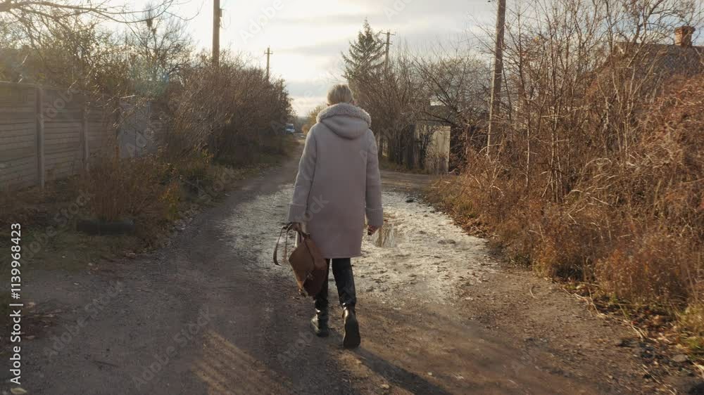 A woman in an autumn jacket carrying a bag walks along a rural dirt road, surrounded by modest houses, with puddles and frozen ground underfoot. A woman in an autumn jacket carrying a bag walks along a rural dirt road, surrounded by modest houses, with puddles and frozen ground underfoot.