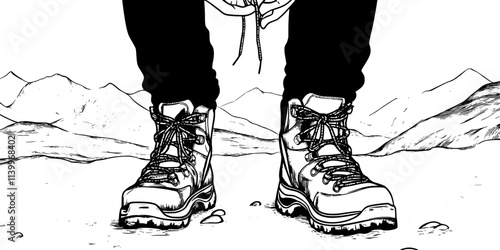 Backpacker lacing hiking boots before starting a long trek through mountainous terrain, Digital Art