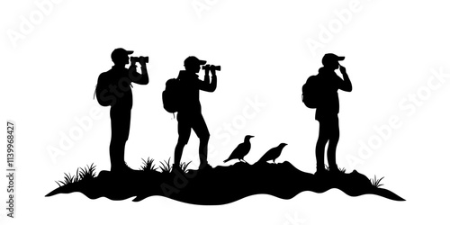 Birders carefully approaching known habitats of rare birds, observing without disturbance, Digital Art