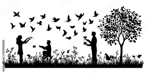 Birders placing feeders near shrubs and trees to provide safe cover for birds during feeding, Digital Art
