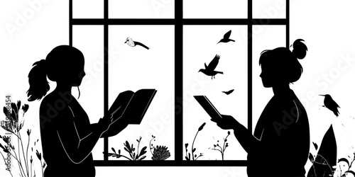 Birding enthusiasts recording bird sightings in notebooks, tracking activities in home gardens, Digital Art