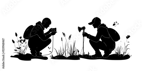 Birders using audio equipment to record bird calls, identifying rare species by sound alone, Digital Art