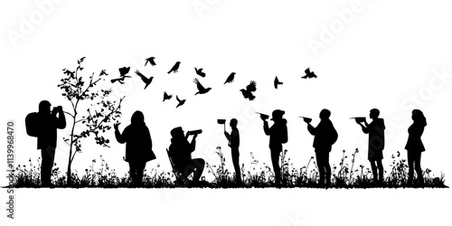Birdwatchers monitoring feeders daily, noting seasonal changes in species and behaviors, Digital Art