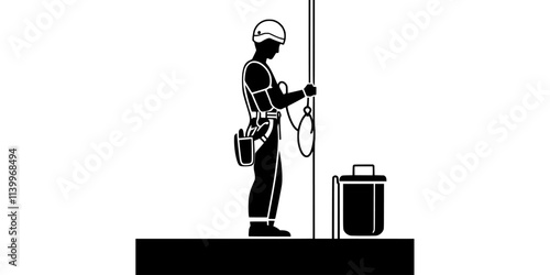 Bungee jumper adjusting helmet and safety gear while standing at the edge of a platform, Digital Art
