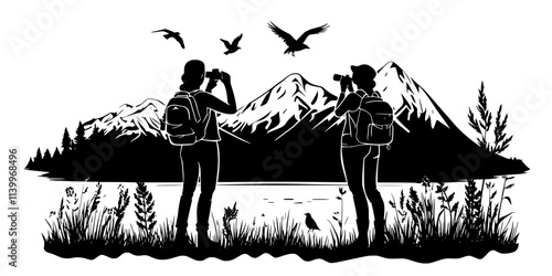 Birdwatchers visiting remote locations to observe rarely seen bird species in their natural habitats, Digital Art
