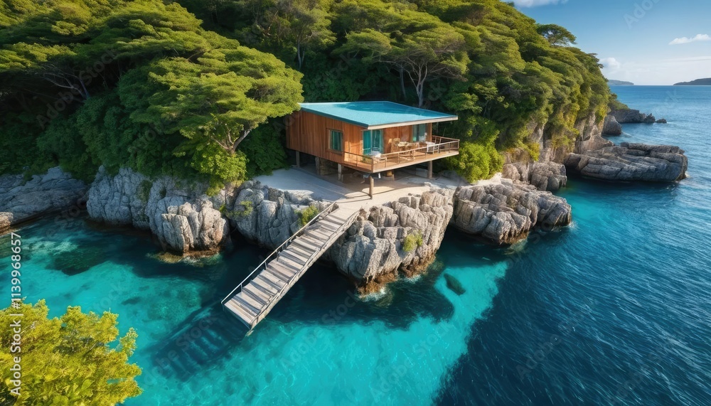 A beautiful small wooden house with an open roof on the cliff A beautiful small wooden house with an open roof on the cliff