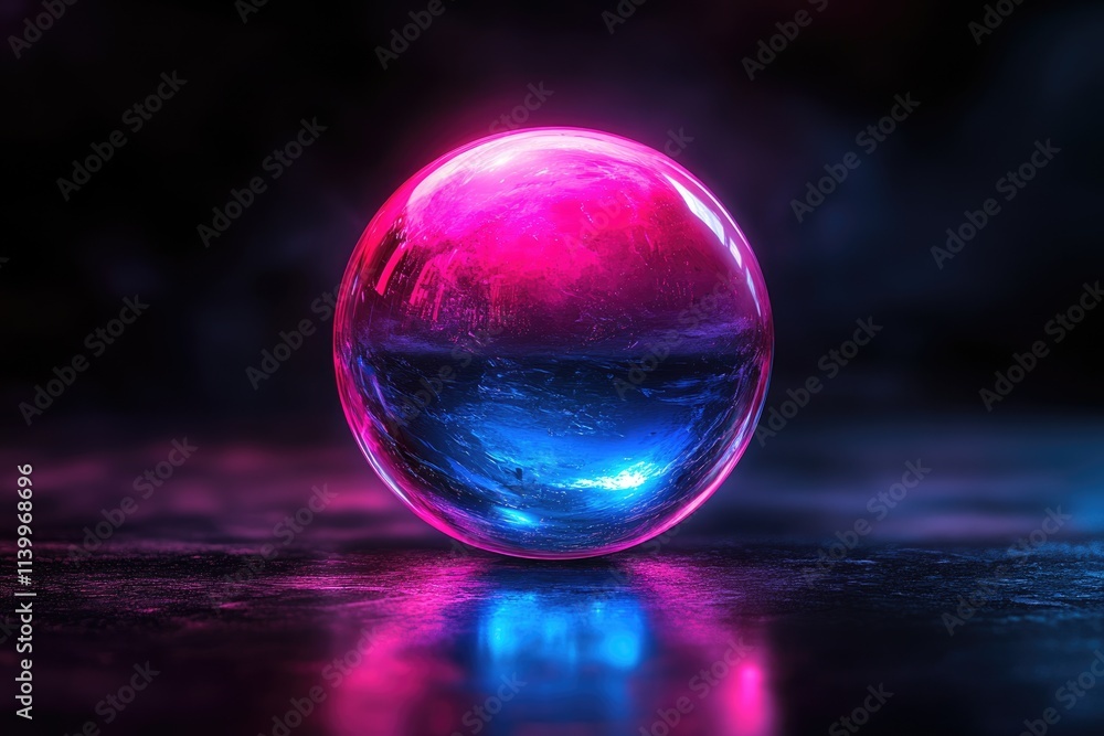 A vibrant, glowing sphere with pink and blue neon lights reflecting on a dark surface. A vibrant, glowing sphere with pink and blue neon lights reflecting on a dark surface.