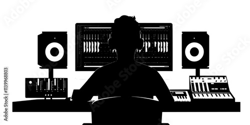 Engineer adjusting MIDI settings while producing tracks on a computer, Digital Art