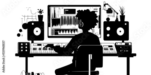 Engineer mixing tracks on a digital audio workstation at home, Digital Art