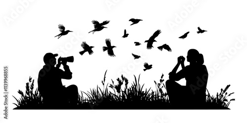 Enthusiasts attending birdwatching festivals focused on tracking rare bird sightings, Digital Art