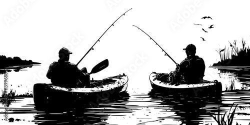 Enthusiasts sitting in kayaks with rods extended, gear stored in watertight compartments, Digital Art