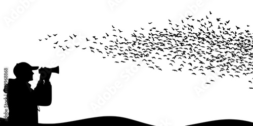 Enthusiasts watching flocks during migration peaks, documenting flight paths over geographical areas, Digital Art