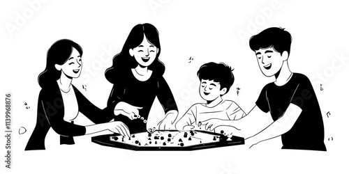 Family members playing a board game, everyone taking turns while following along with the rules, Digital Art
