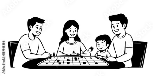 Family members sitting around a table taking turns moving pieces across the game board, Digital Art