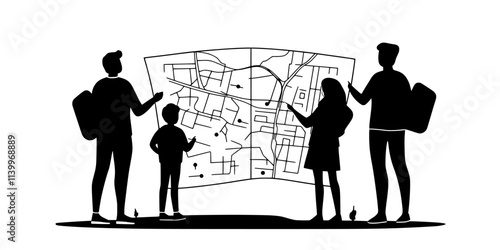 Family member reviewing map and planning stops for a road trip, Digital Art