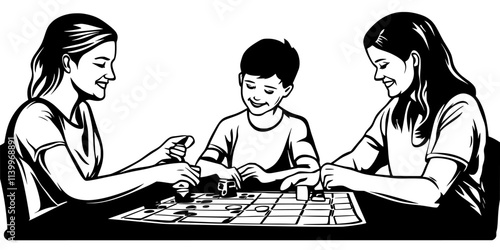 Family members sitting around a table taking turns moving pieces across the game board, Digital Art