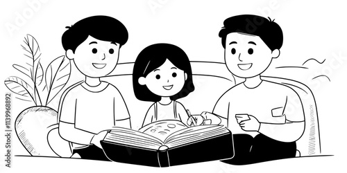 Family planning sightseeing activities together using a guidebook at home, Digital Art