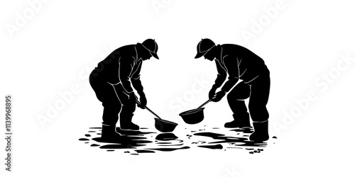 Fishers maintaining ice holes while watching fishing lines, Digital Art