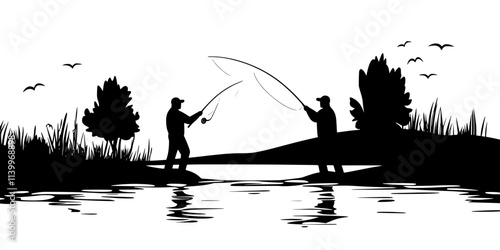 Fishers practicing roll casting techniques to navigate complex riverbanks while avoiding obstacles, Digital Art