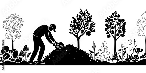 Gardener moving organic material into a large compost heap at the garden edge, Digital Art