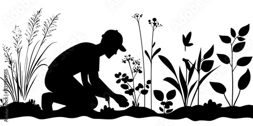 Gardener planting edible flowers among other landscape plants in a garden bed, Digital Art