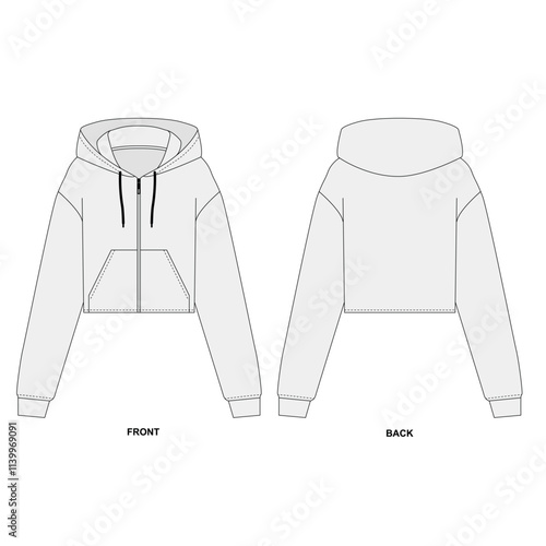 Vector illustration of basic shortened hoodie with zipper front, front and back view. Outline Sketch of a fashionable jacket with zipper and hood and pockets. 