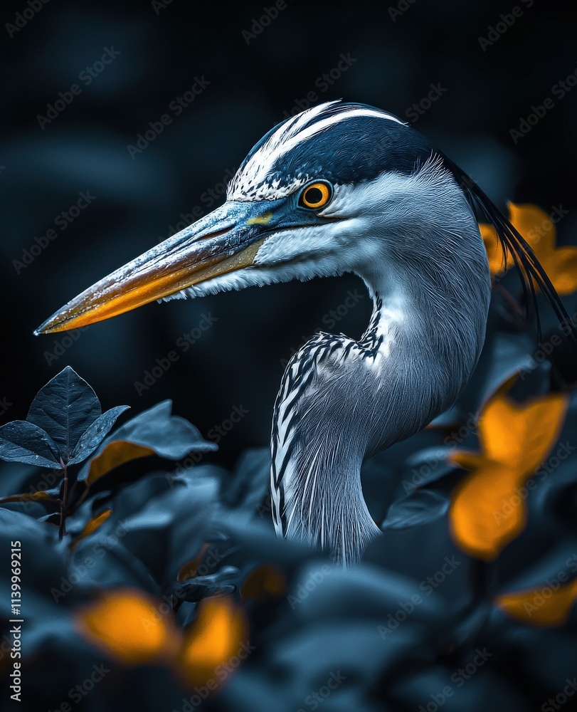 Majestic grey heron portrait nestled amongst lush, dark green foliage. A captivating wildlife image showcasing intricate feather detail and vibrant eye. Majestic grey heron portrait nestled amongst lush, dark green foliage. A captivating wildlife image showcasing intricate feather detail and vibrant eye.