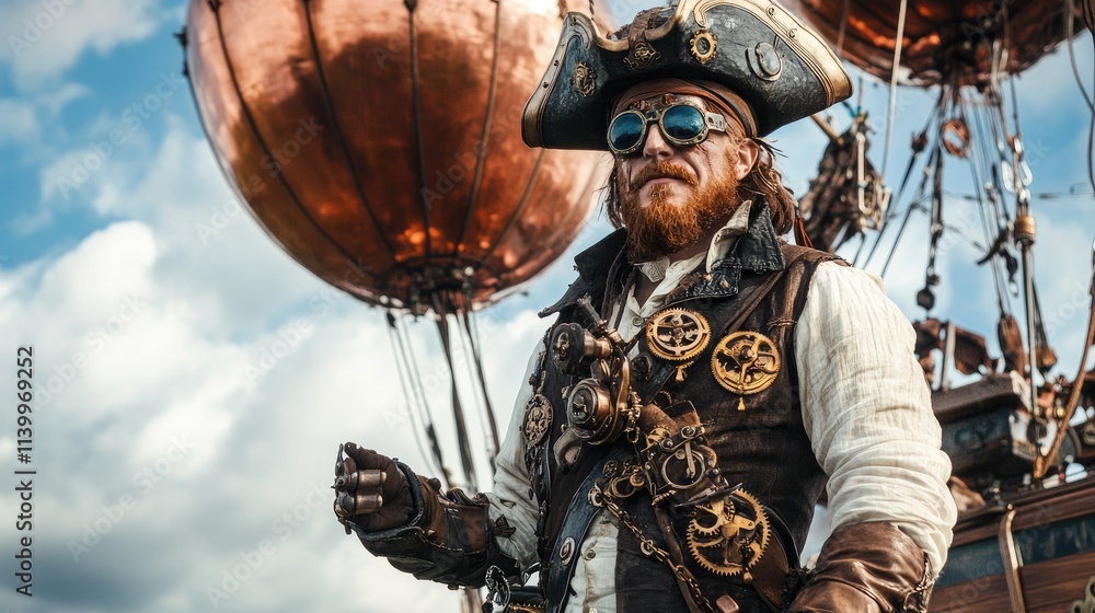 Fototapeta premium Steampunk Pirate Awaits Airship Voyage Adventure