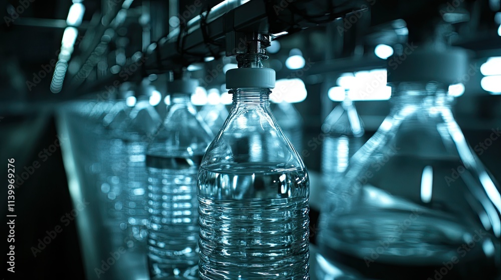 Empty bottles entering the filling station on a streamlined water bottling line with bright lighting. Empty bottles entering the filling station on a streamlined water bottling line with bright lighting.