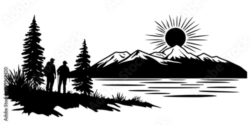 Hikers pausing to rest along a trail while admiring the surrounding natural scenery, Digital Art