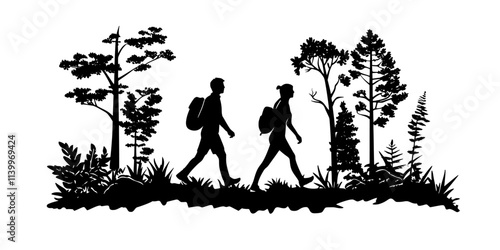 Hikers walking along a forest trail following clearly marked paths through natural terrain, Digital Art