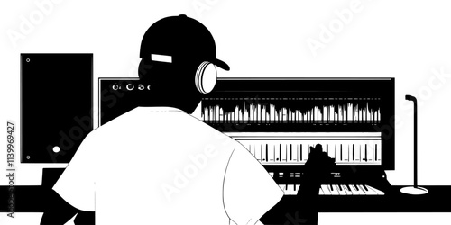 Individual adjusting audio levels during a session while recording hip-hop music, Digital Art