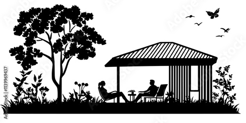 Guests relaxing at a nature retreat surrounded by eco-friendly accommodations, Digital Art