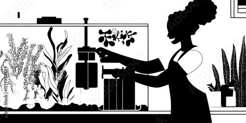 Person adjusting protein skimmer in a reef tank for optimal filtration, Digital Art