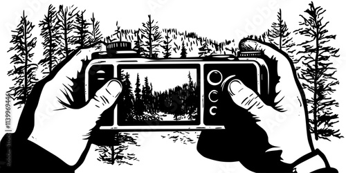 Individual adjusting settings on a field recorder in nature, Digital Art