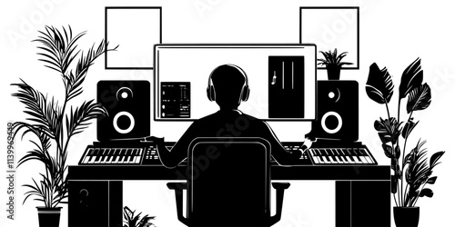 Individual adjusting audio levels on a computer in a home studio, Digital Art
