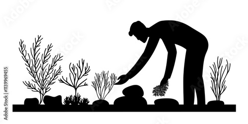 Person arranging rock structures in a reef tank to create a stable foundation for coral, Digital Art