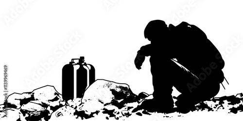 Individual checking oxygen levels in a tank while preparing for high-altitude mountaineering, Digital Art