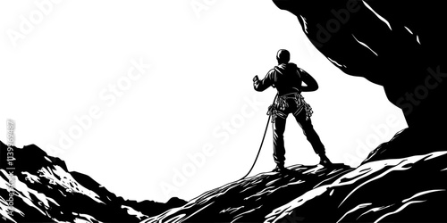 Individual clipping a carabiner to a safety rope while climbing a challenging rock face, Digital Art