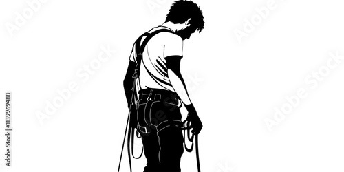 Individual checking harness attachments before stepping onto a bungee jumping platform, Digital Art