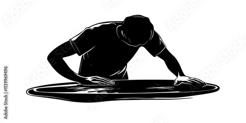 Individual cleaning the surface of a lithographic stone after completing a print, Digital Art