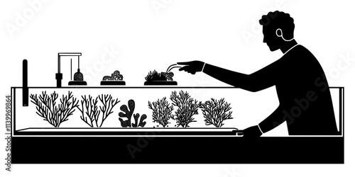 Person placing coral in a new reef tank while maintaining proper flow and light conditions, Digital Art