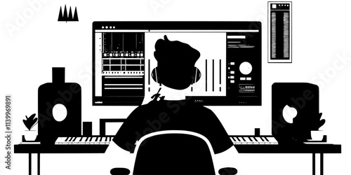 Individual reviewing audio tracks on a digital audio workstation for rock music, Digital Art