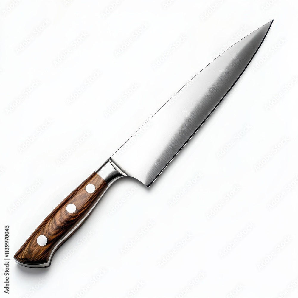 Obraz premium A sleek chef's knife with a long stainless steel blade and a wooden handle on a white background 